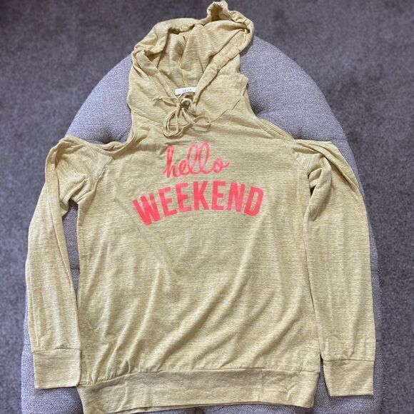 “Hello Weekend” Graphic Cold Shoulder Hoodie‎ - Picture 3 of 13